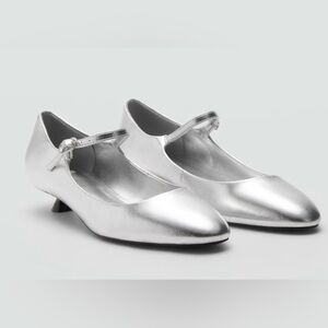 Mango MNG Metallic Silver Mary Jane Low Kitten Heel Ballet Flats NWT SZ 38